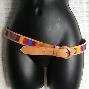 2/$25 Boho Hippy Western Guatemalan Tan Leather W Saddle Blanket Inlay Belt SzL